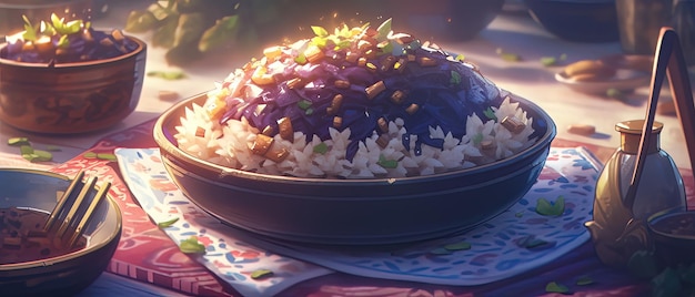 a bowl of rice with blue sauce and green sprinkles