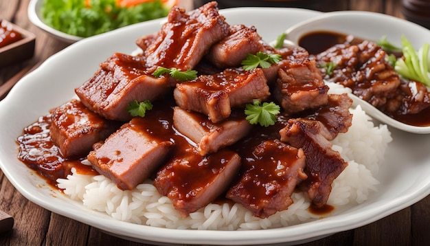 a bowl of rice with a bowl of food and a bowl of soy sauce