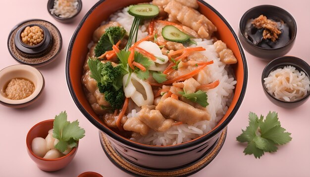 a bowl of rice with a bowl of noodles and vegetables