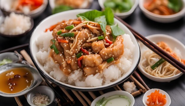 Photo a bowl of rice with chicken and rice and vegetables