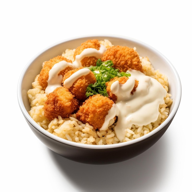 Bowl Of Rice With Chicken And Sauce On It