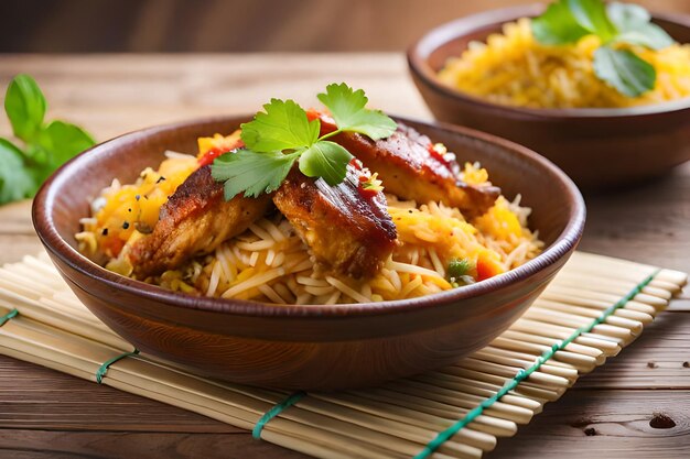 A bowl of rice with chicken and vegetables on a bamboo table.