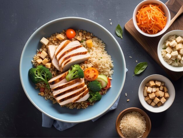 a bowl of rice with chicken and vegetables on a table with other bowls