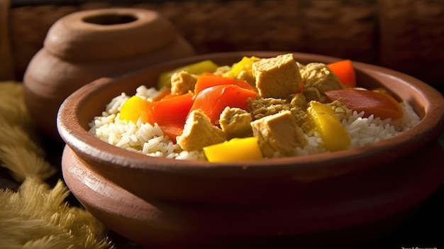 A bowl of rice with chicken and vegetables