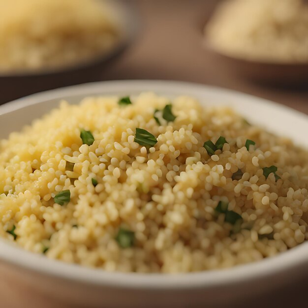 Photo a bowl of rice with chives and parsley on top