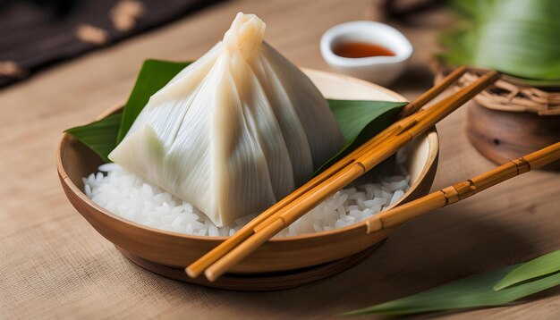 Photo a bowl of rice with chopsticks and chopsticks on a wooden table