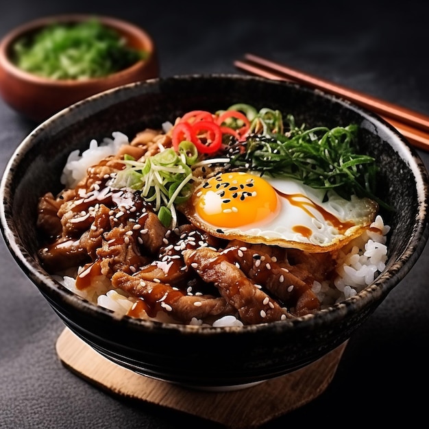 a bowl of rice with an egg and vegetables on it