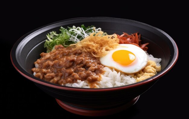 A bowl of rice with a fried egg and a fried egg.