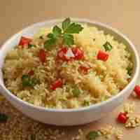 Photo a bowl of rice with a green leaf on the side