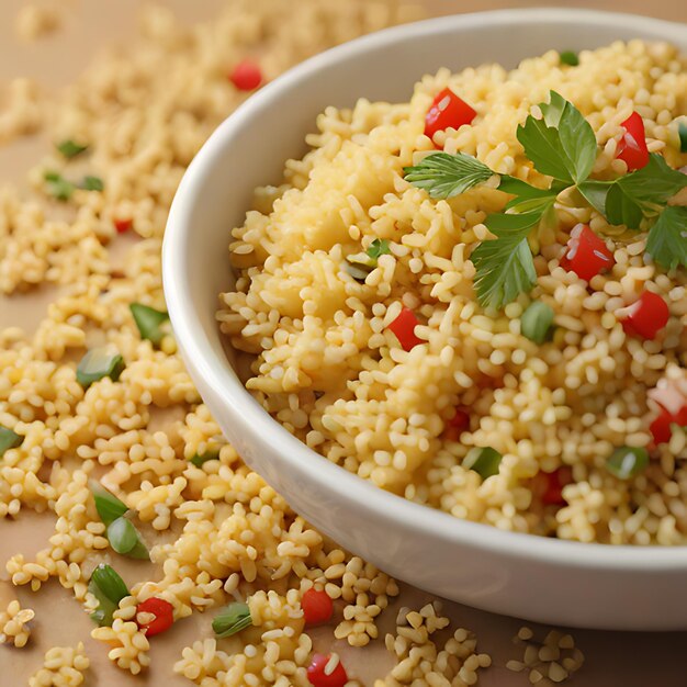 a bowl of rice with a green leaf on top of it