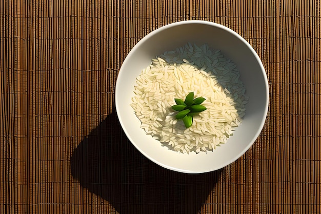 Photo a bowl of rice with a green leaf on top of it.
