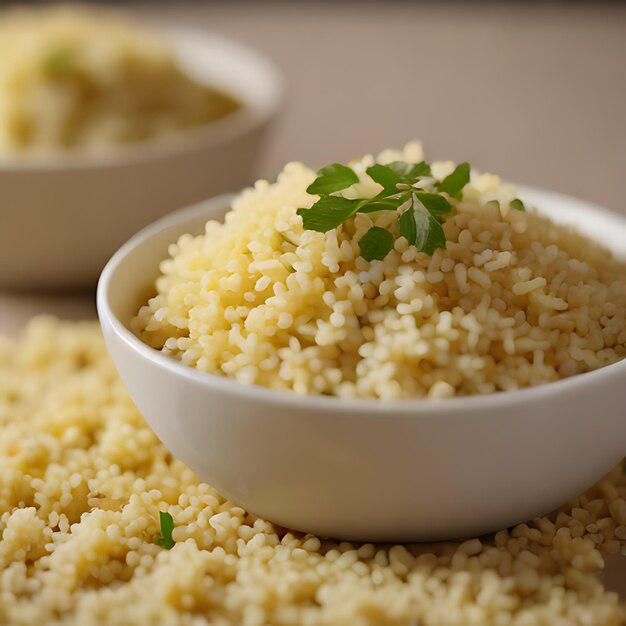 a bowl of rice with a leaf on top of it