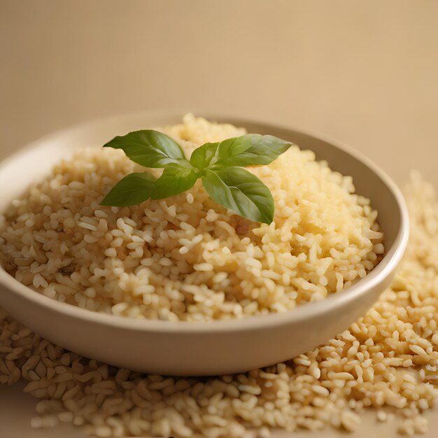 Photo a bowl of rice with a leaf on top of it