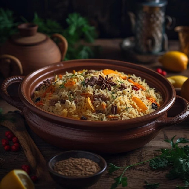 A bowl of rice with a lemon and spices on the side