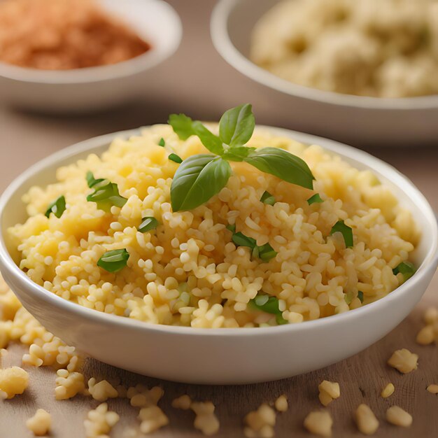 a bowl of rice with a lemon on top of it