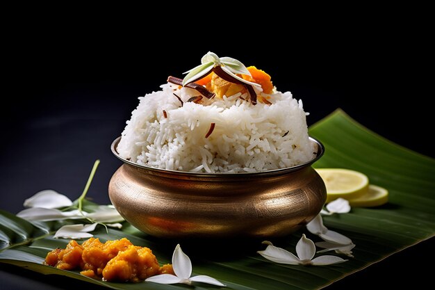 A bowl of rice with mango chutney on it