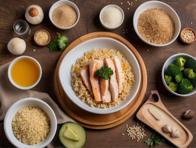 a bowl of rice with meat and vegetables on a table with other ingredients