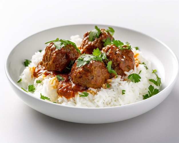 A bowl of rice with meatballs and parsley on top