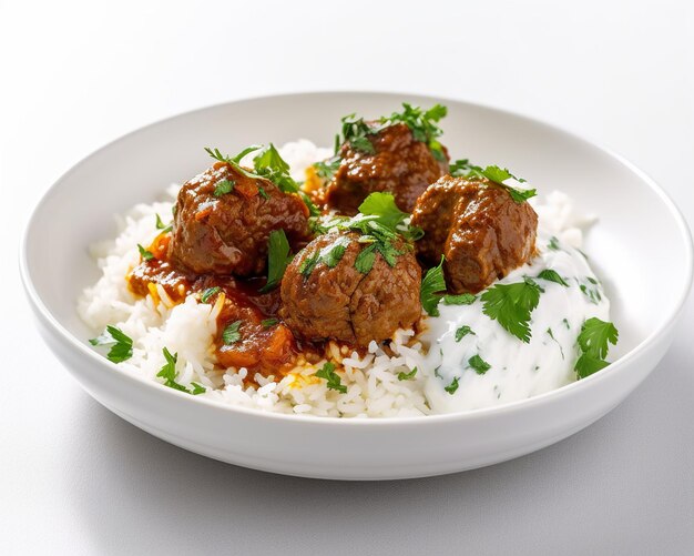 A bowl of rice with meatballs and parsley on top