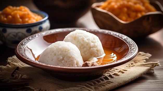 A bowl of rice with a plate of rice in it