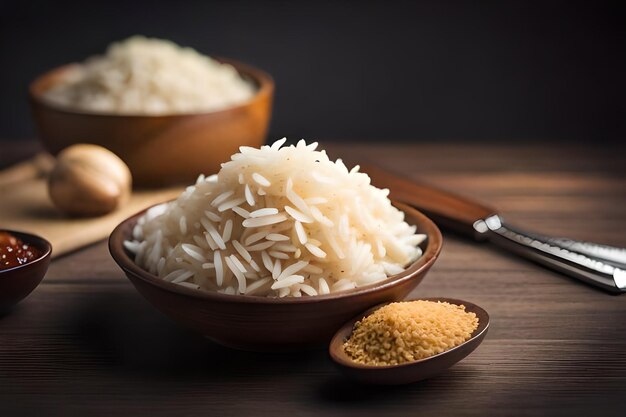 a bowl of rice with rice and a spoon on a wooden table.