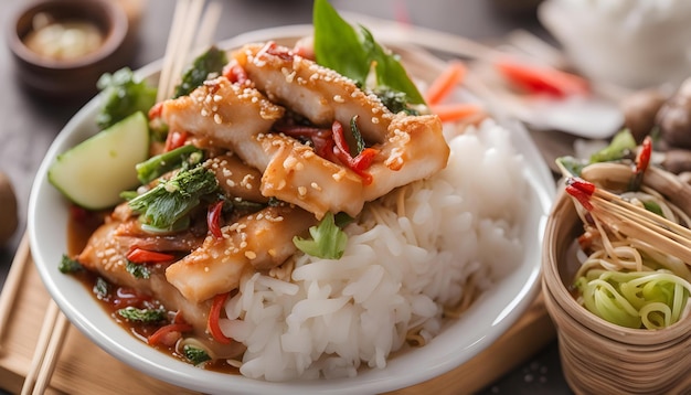 a bowl of rice with rice and vegetables on it