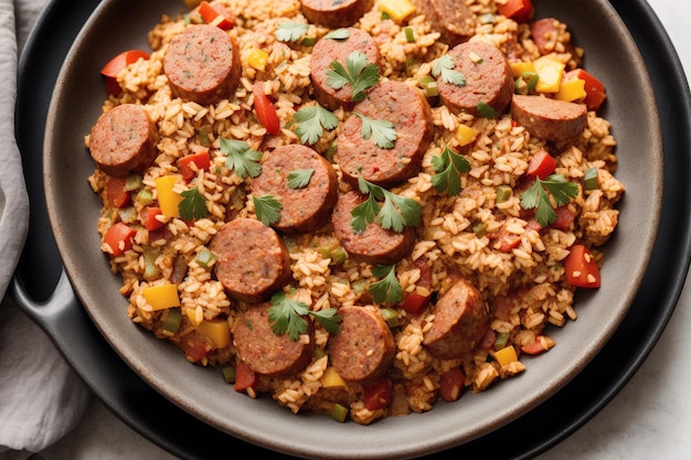 A bowl of rice with sausages and peppers