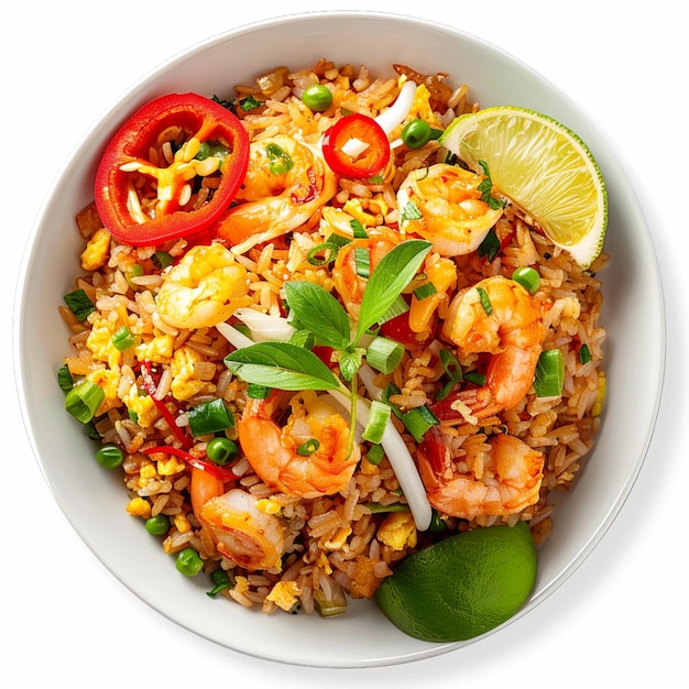 Photo a bowl of rice with shrimp shrimp and vegetables