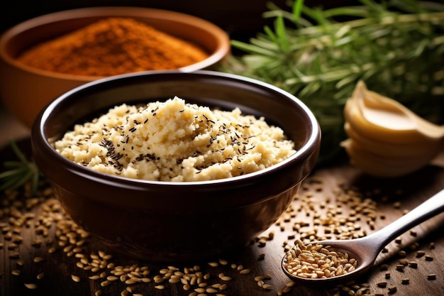 a bowl of rice with spices and herbs