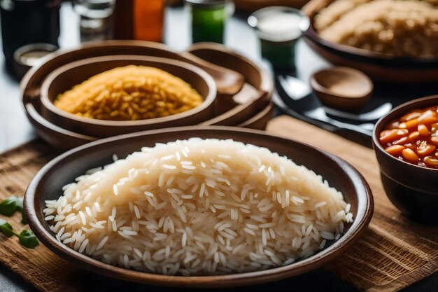 A bowl of rice with a spoon and a glass of green liquid