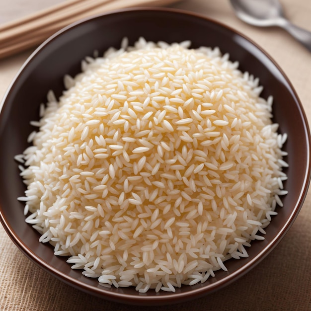 A bowl of rice with a spoon on a table next to it.