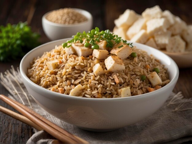 a bowl of rice with tofu and chopsticks on a table