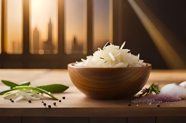 A bowl of rice with a view of the city skyline in the background