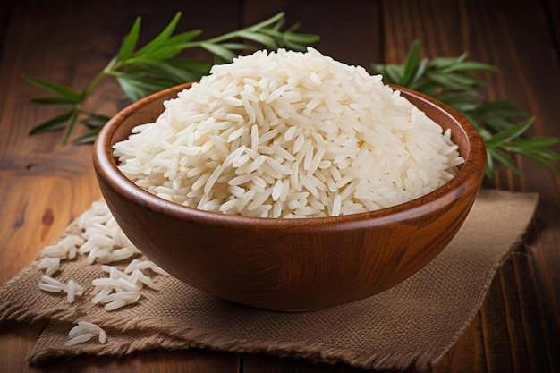 a bowl of rice with a wooden background