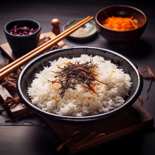 A bowl of rice with a wooden spoon next to it and a bowl of rice.