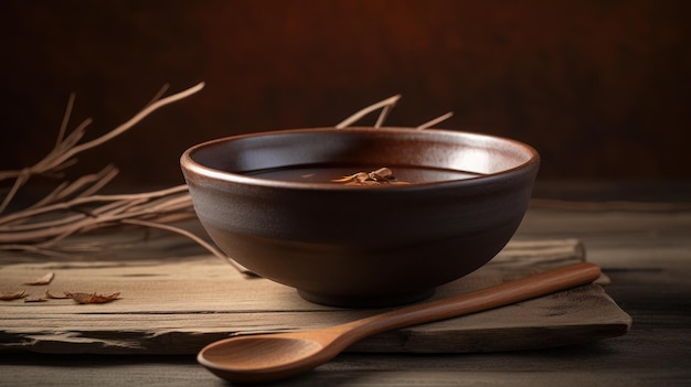 A bowl of rice with a wooden spoon on a wooden table