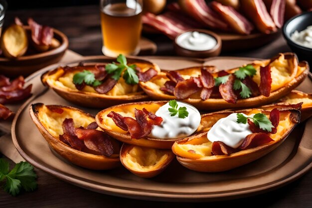 A bowl of rich and decadent chocolate ice cream with A plate of crispy and delicious potato skins