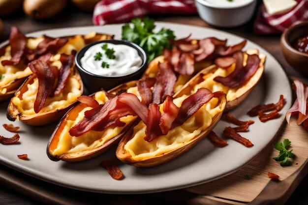 A bowl of rich and decadent chocolate ice cream with A plate of crispy and delicious potato skins