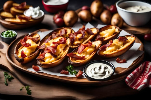 A bowl of rich and decadent chocolate ice cream with A plate of crispy and delicious potato skins