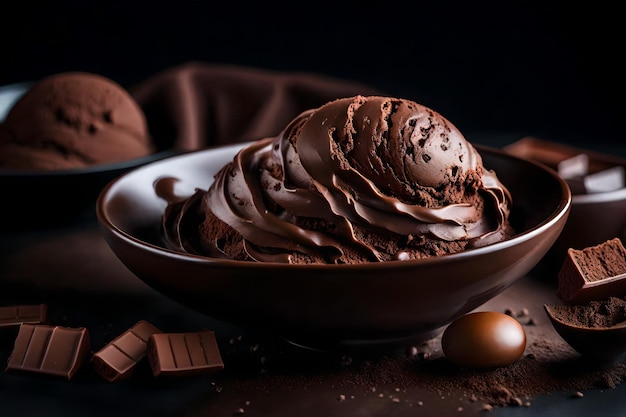 Foto una ciotola di ricco e decadente gelato al cioccolato con un piatto di croccanti e deliziose pelli di patate