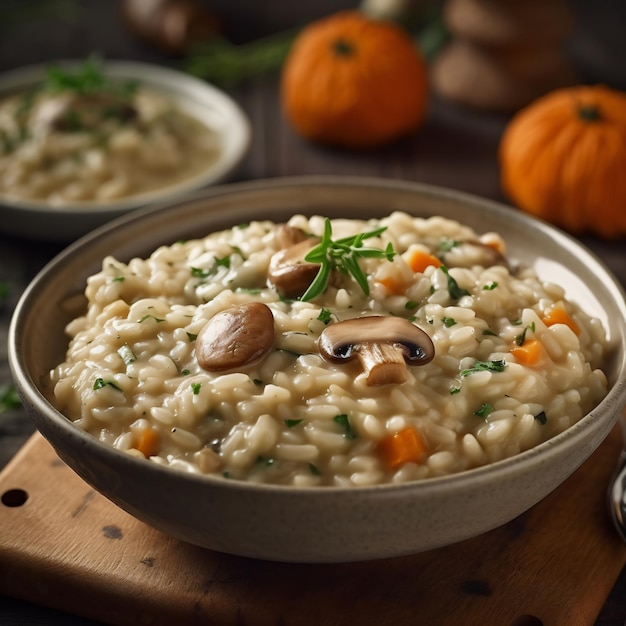 A bowl of risotto with mushrooms and carrots.