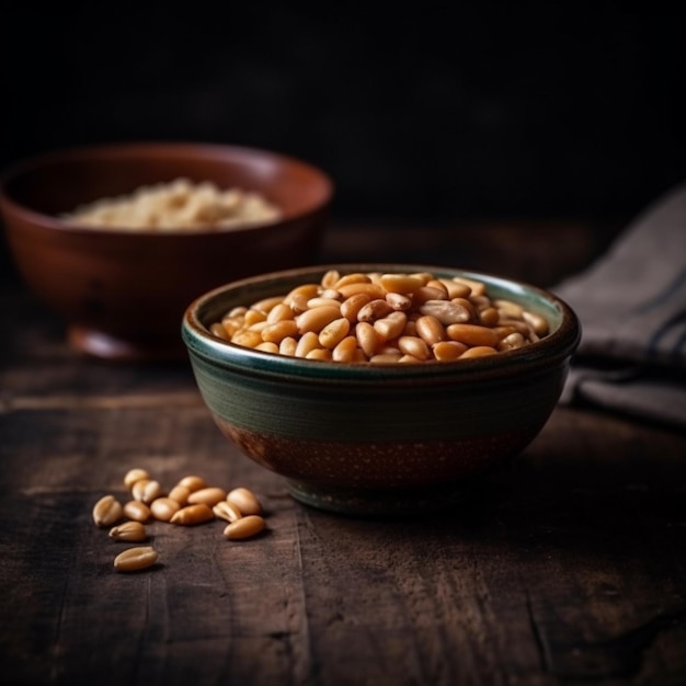 A bowl of roasted beans sits on a wooden table.