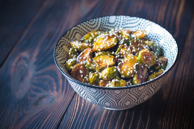 Bowl of roasted teriyaki brussels