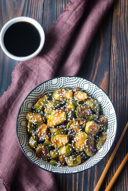 Bowl of roasted teriyaki brussels