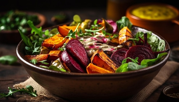 A bowl of roasted vegetables with a blurred background