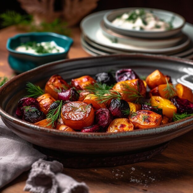 Foto una ciotola di verdure arrostite con un piatto di erbe aromatiche sul lato.