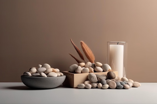 Bowl of rocks and a glass of milk on a wooden table Generative AI