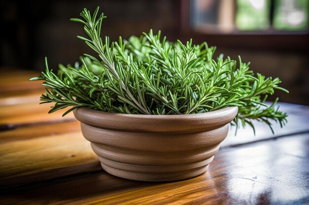 a bowl of rosemary sits on a table.