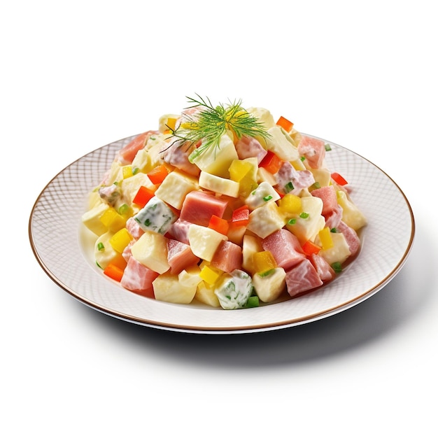 bowl of russian salad olivier with meat and vegetables isolated in white background