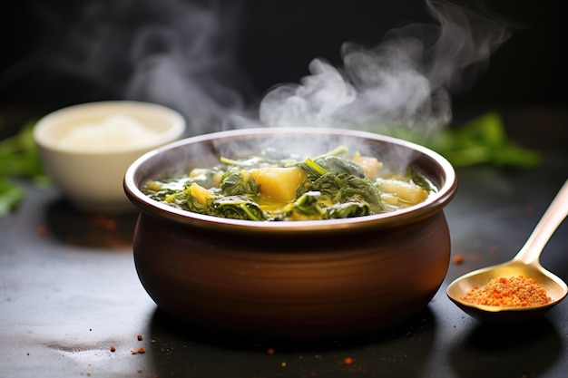 Bowl of saag aloo with steam rising spoon on side